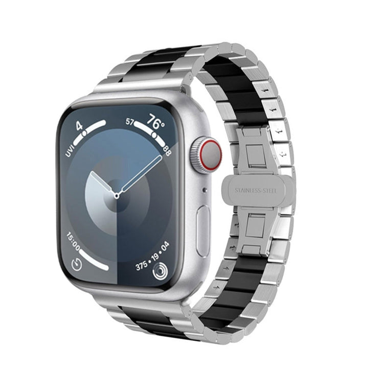 Lisslune | For Apple Watch SE 2022 44mm Three-Bead Butterfly Buckle Metal Watch Band (Silver Black)