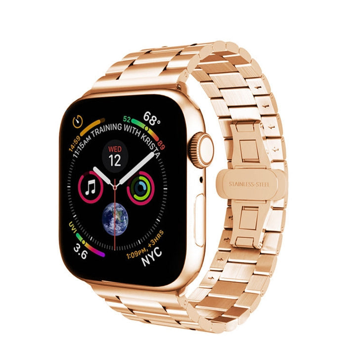 Lisslune | For Apple Watch 42mm Three-Bead Butterfly Clasp Metal Band (Rose Gold)
