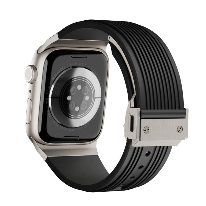 Lisslune | For Apple Watch Series 9 45mm Vertical Texture Titanium Buckle Elastic Silicone Watch Strap (Black)