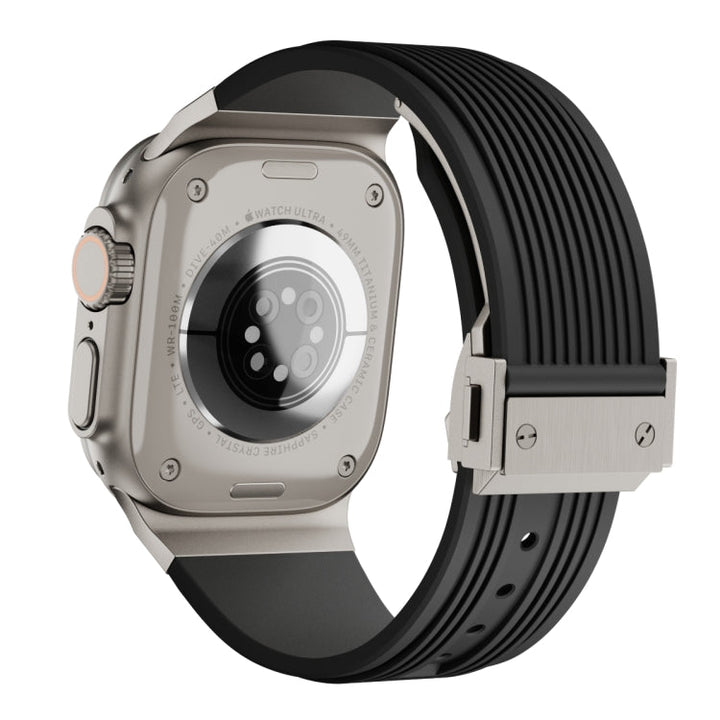 Lisslune | For Apple Watch Ultra 49mm Vertical Texture Titanium Buckle Elastic Silicone Watch Strap (Black)