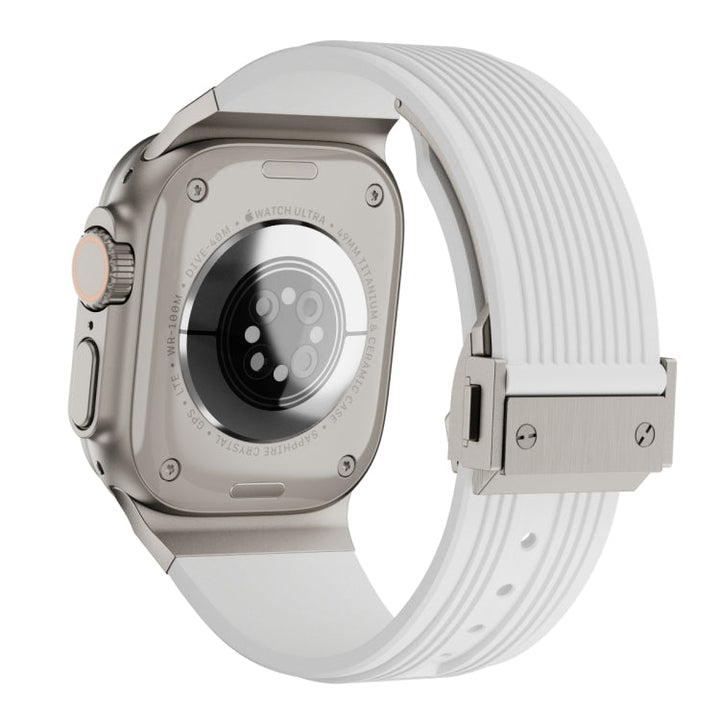 Lisslune | For Apple Watch Ultra 49mm Vertical Texture Titanium Buckle Elastic Silicone Band (White)