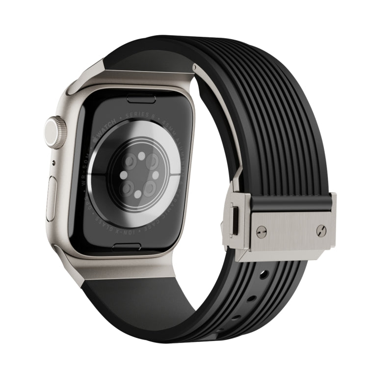 Lisslune | For Apple Watch SE 44 mm Vertical Texture Titanium Buckle Elastic Silicone Watch Band (Black)