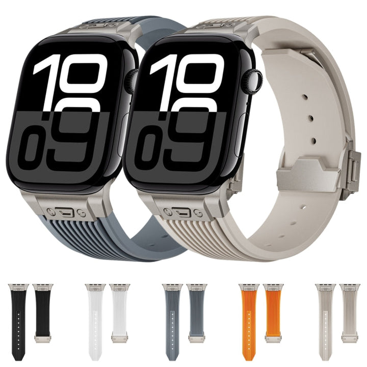 Lisslune | For Apple Watch Ultra 49mm Vertical Texture Titanium Buckle Elastic Silicone Watch Strap (Black)