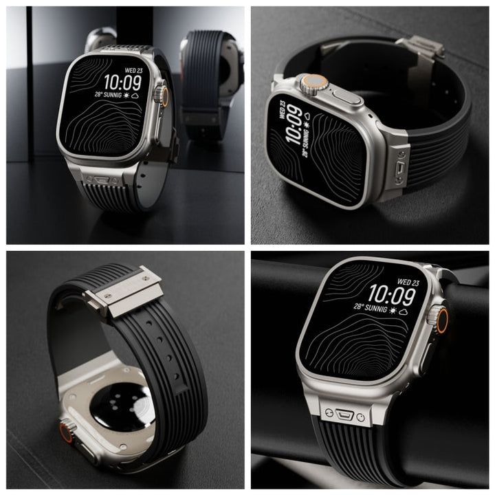 Lisslune | For Apple Watch Ultra 49mm Vertical Texture Titanium Buckle Elastic Silicone Watch Strap (Black)