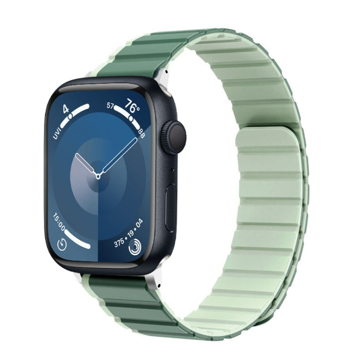 Lisslune | For Apple Watch Series 9 45mm ZGA Two Colored Magnetic Silicone Watch Strap (Dark Green + Light Green)