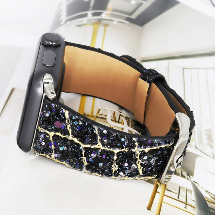 Lisslune | For Apple Watch 5 & 4 44mm / 3 & 2 & 1 42mm Glitter Sequin Leather Band (Black Gold)