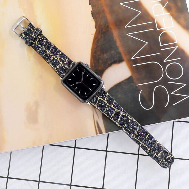 Lisslune | For Apple Watch 5 & 4 44mm / 3 & 2 & 1 42mm Glitter Sequin Leather Band (Black Gold)