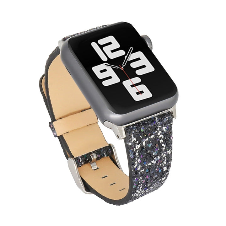 Lisslune | For Apple Watch 5 & 4 44mm / 3 & 2 & 1 42mm Glitter Sequins Leather Watch Band (Black Silver)