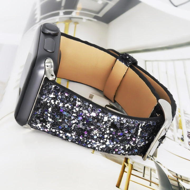 Lisslune | For Apple Watch 5 & 4 44mm / 3 & 2 & 1 42mm Glitter Sequins Leather Watch Band (Black Silver)
