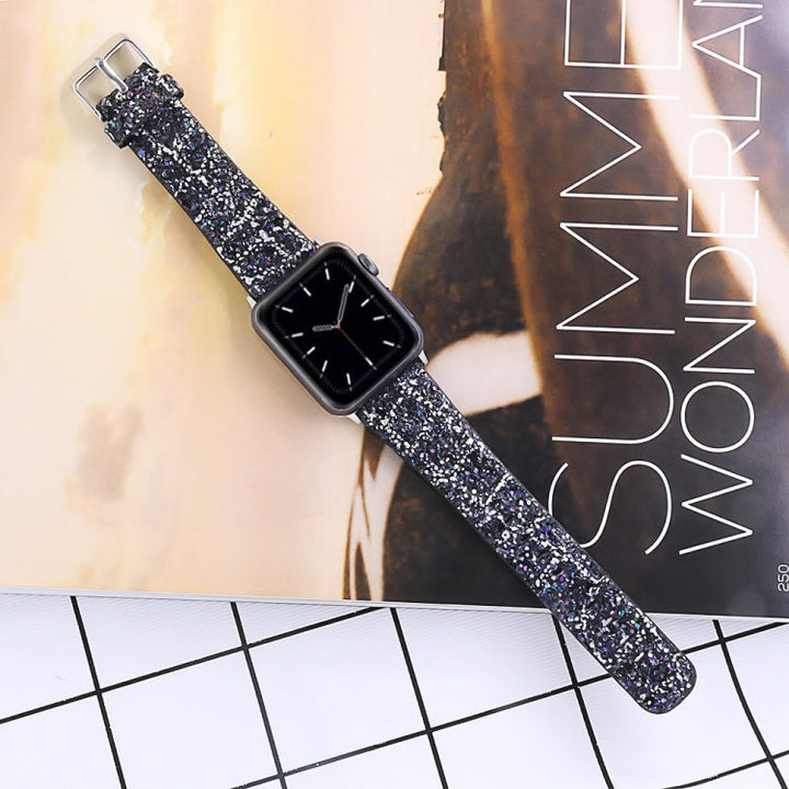 Lisslune | For Apple Watch 5 & 4 44mm / 3 & 2 & 1 42mm Glitter Sequins Leather Watch Band (Black Silver)