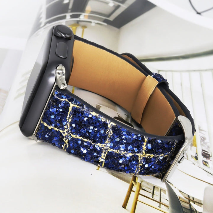 Lisslune | For Apple Watch 5 & 4 44mm / 3 & 2 & 1 42mm Glitter Sequin Leather Watch Band (Blue Gold)