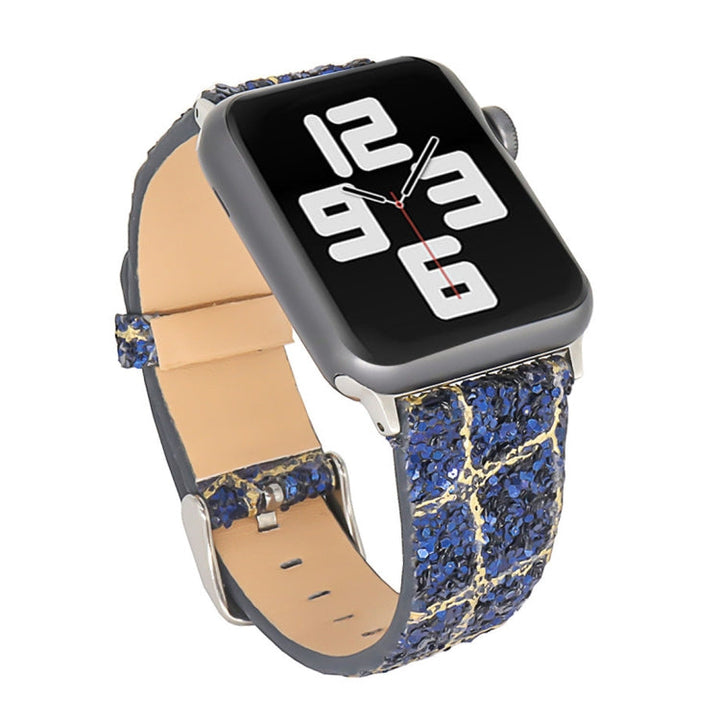 Lisslune | For Apple Watch 5 & 4 44mm / 3 & 2 & 1 42mm Glitter Sequin Leather Watch Band (Blue Gold)