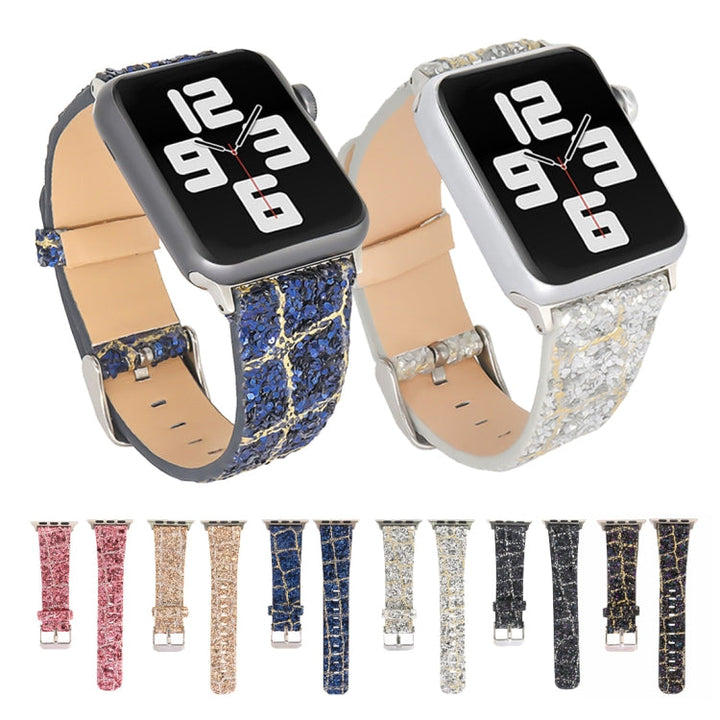 Lisslune | For Apple Watch Series 8&7 41mm / SE 2&6&SE&5&4 40mm / 3&2&1 38mm Glitter Sequin Leather Watch Band (Gold Silver)