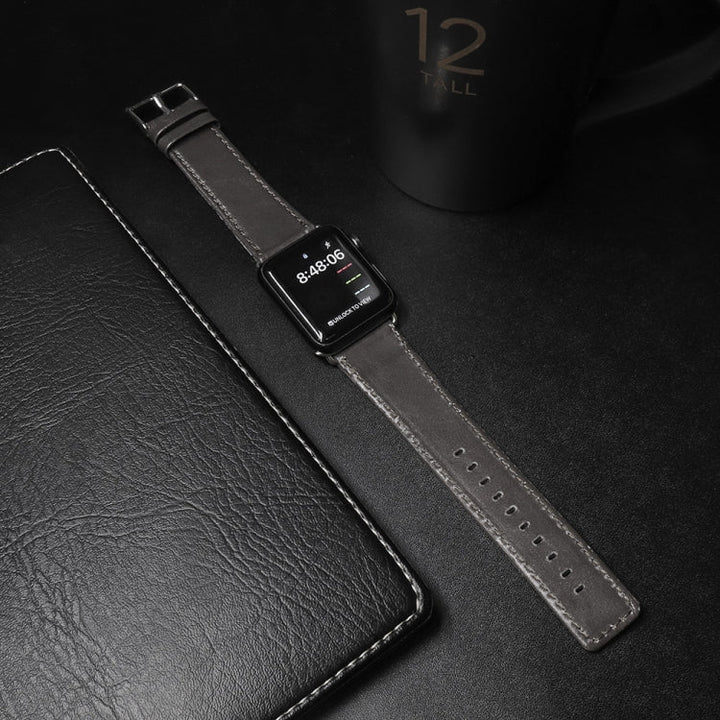 Lisslune | For Apple Watch Series 9&8&7 41mm / SE 3&SE 2&6&SE&5&4 40mm / 3&2&1 38mm Square Tail Retro Crazy Horse Textured Leather Watch Band (Gray)