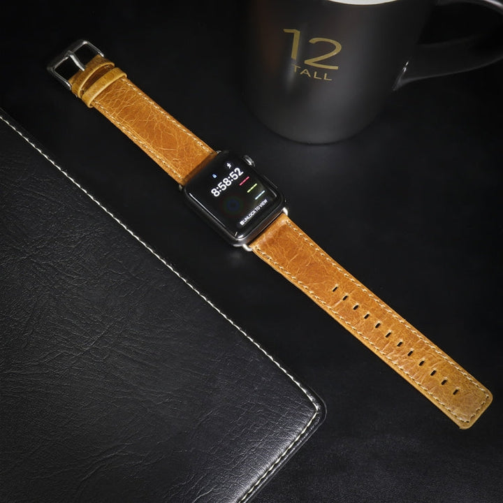 Lisslune | For Apple Watch Series 9&8&7 41mm / SE 3&SE 2&6&SE&5&4 40mm / 3&2&1 38mm Square Tail Retro Crazy Horse Texture Leather Watch Band (Light Brown)