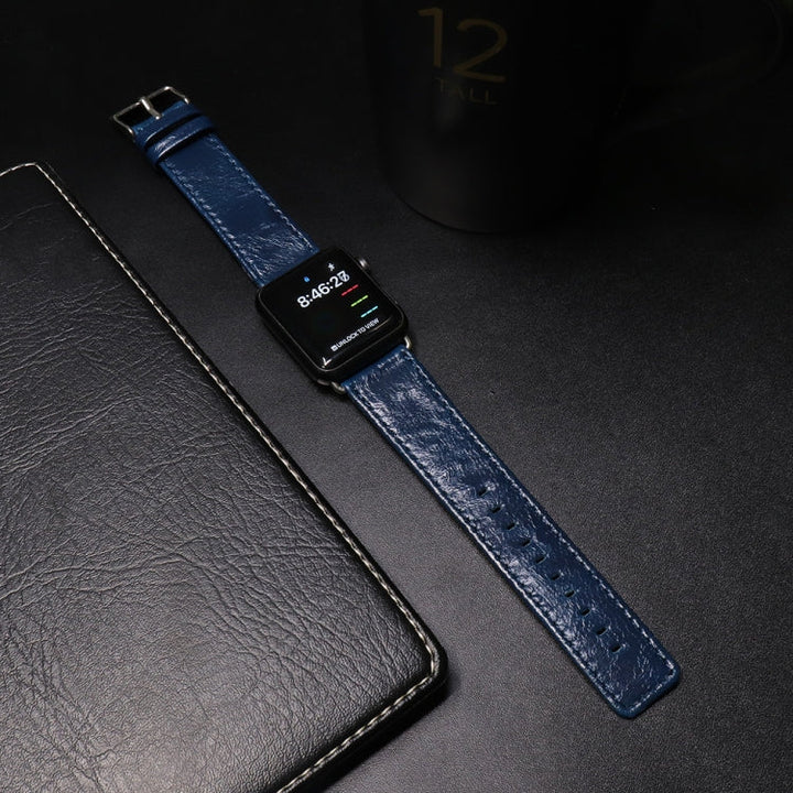 Lisslune | For Apple Watch Series 9&8&7 41mm / SE 3&SE 2&6&SE&5&4 40mm / 3&2&1 38mm Square Tail Retro Crazy Horse Textured Leather Watch Strap (Dark Blue)