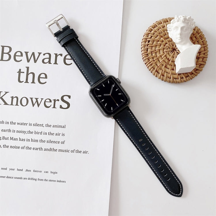Lisslune | For Apple Watch Series 9&8&7 41mm / SE 3&SE 2&6&SE&5&4 40mm / 3&2&1 38mm V Tail Style Sew Leather Watch Band (Dark Blue)