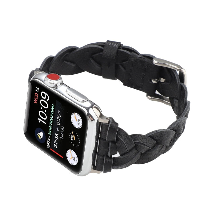 Lisslune | For Apple Watch Series 9&8&7 41mm / SE 3&SE 2&6&SE&5&4 40mm / 3&2&1 38mm Leather Woven Single Loop Band (Black)