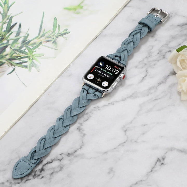 Lisslune | For Apple Watch Series 9&8&7 41mm / SE 3&SE 2&6&SE&5&4 40mm / 3&2&1 38mm Leather Braided Single Bow Watch Band (Sky Blue)
