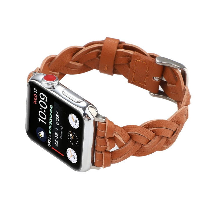 Lisslune | For Apple Watch Series 9&8&7 41mm / SE 3&SE 2&6&SE&5&4 40mm / 3&2&1 38mm Leather Braided Single Loop Watch Band (Brown)