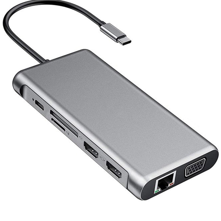 Lisslune | 12 in 1 HDMI x2 + USB3.0 + USB2.0 + PD Charging + VGA + RJ45 + 3.5mm Jack + TF/SD x2 Type-C / USB-C HUB Docking Station (Dark Gray)