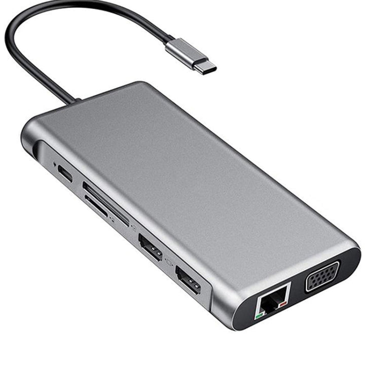 Lisslune | 12 in 1 HDMI x2 + USB3.0 + USB2.0 + PD Charging + VGA + RJ45 + 3.5mm Jack + TF/SD x2 Type-C / USB-C HUB Docking Station (Dark Gray)