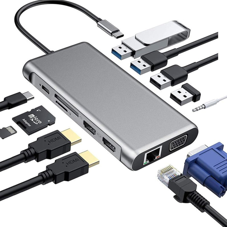 Lisslune | 12 in 1 HDMI x2 + USB3.0 + USB2.0 + PD Charging + VGA + RJ45 + 3.5mm Jack + TF/SD x2 Type-C / USB-C HUB Docking Station (Dark Gray)