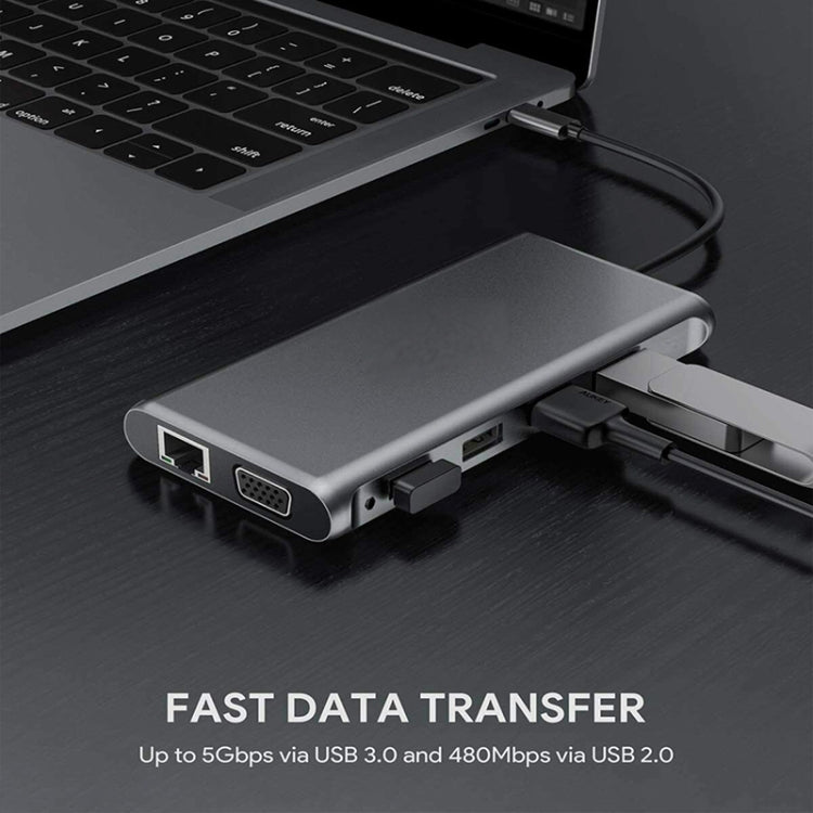 Lisslune | 12 in 1 HDMI x2 + USB3.0 + USB2.0 + PD Charging + VGA + RJ45 + 3.5mm Jack + TF/SD x2 Type-C / USB-C HUB Docking Station (Dark Gray)