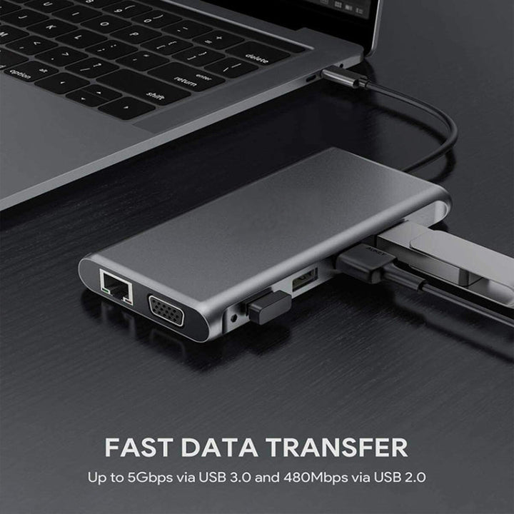 Lisslune | 12 in 1 HDMI x2 + USB3.0 + USB2.0 + PD Charging + VGA + RJ45 + 3.5mm Jack + TF/SD x2 Type-C / USB-C HUB Docking Station (Dark Gray)