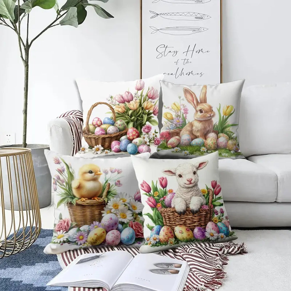 Lisslune | Easter Floral Bunnies Cushion Cover | 4pcs Set