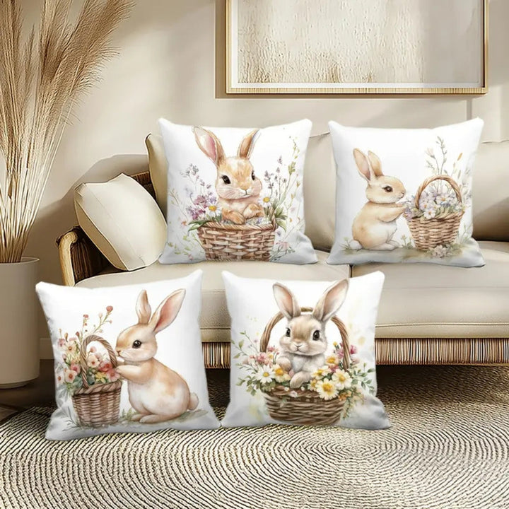 Lisslune | Easter Floral Bunnies Cushion Cover | 4pcs Set
