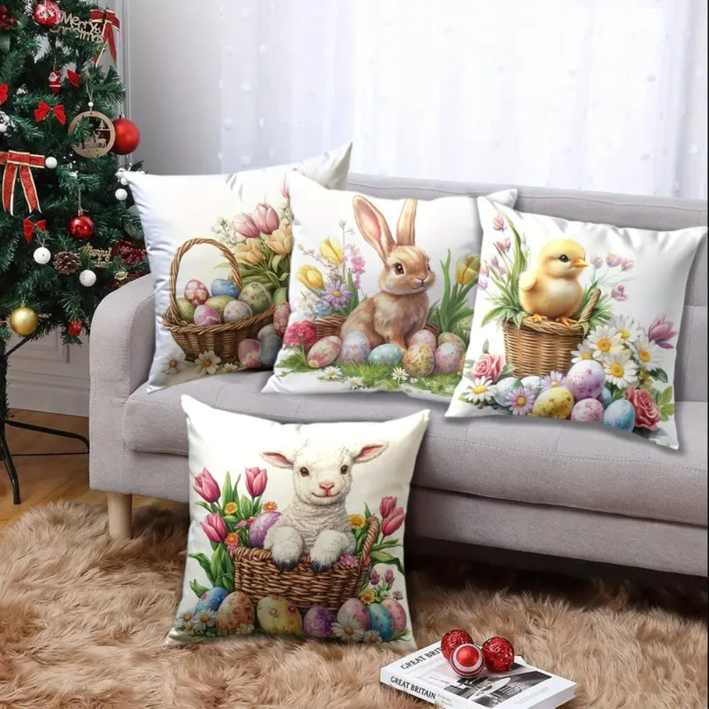 Lisslune | Easter Floral Bunnies Cushion Cover | 4pcs Set