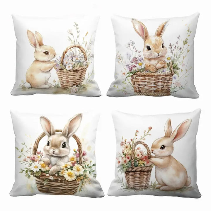 Lisslune | Easter Floral Bunnies Cushion Cover | 4pcs Set