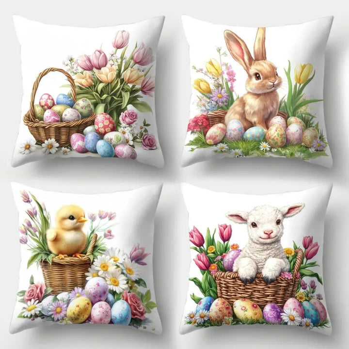 Lisslune | Easter Floral Bunnies Cushion Cover | 4pcs Set