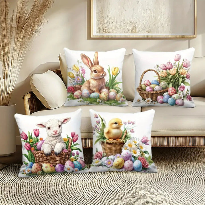 Lisslune | Easter Floral Bunnies Cushion Cover | 4pcs Set