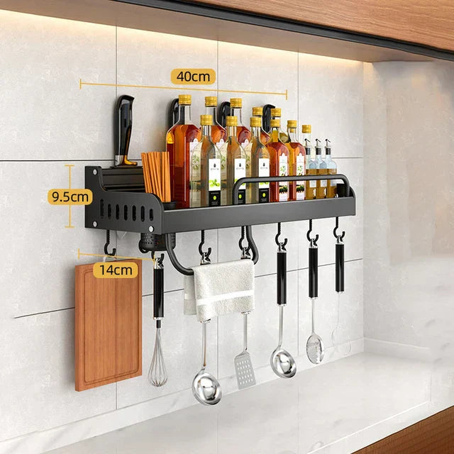 Lisslune | Stainless Steel Kitchen Shelf for Wall Mounting with Hooks and Knife Holder – Ideal for a Tidy Kitchen