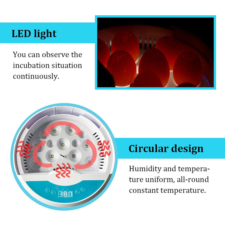 Lisslune | Egg Incubator for Chicken Eggs Incubator for Egg Hatching Chicks with Temp Control LED Chicken Hatcher