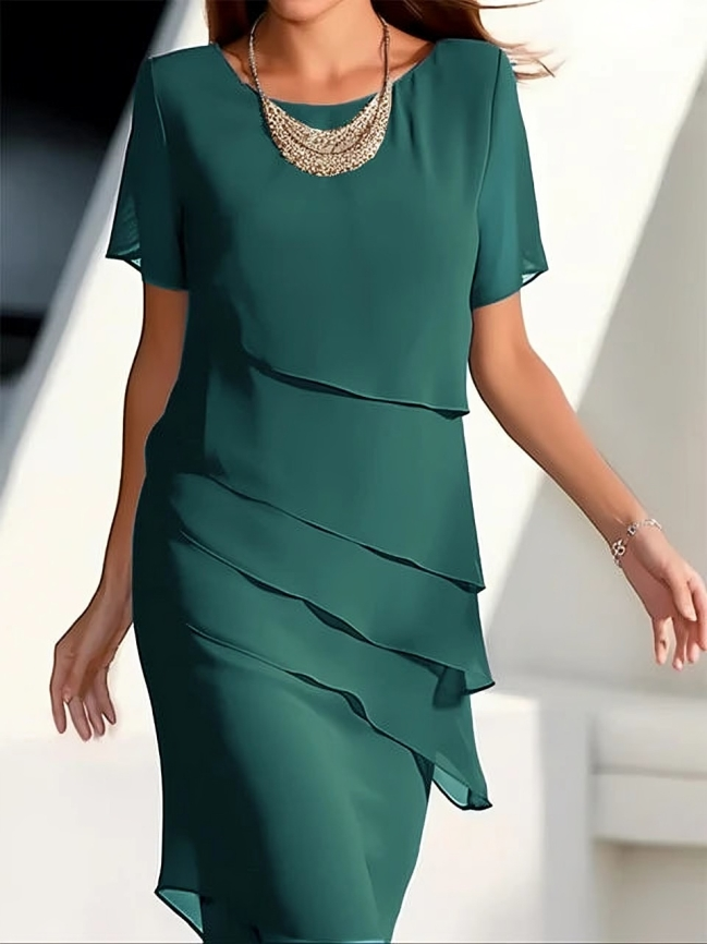 Lisslune - Elegant Dress - Short-Sleeve Midi Dress in Layered Chiffon