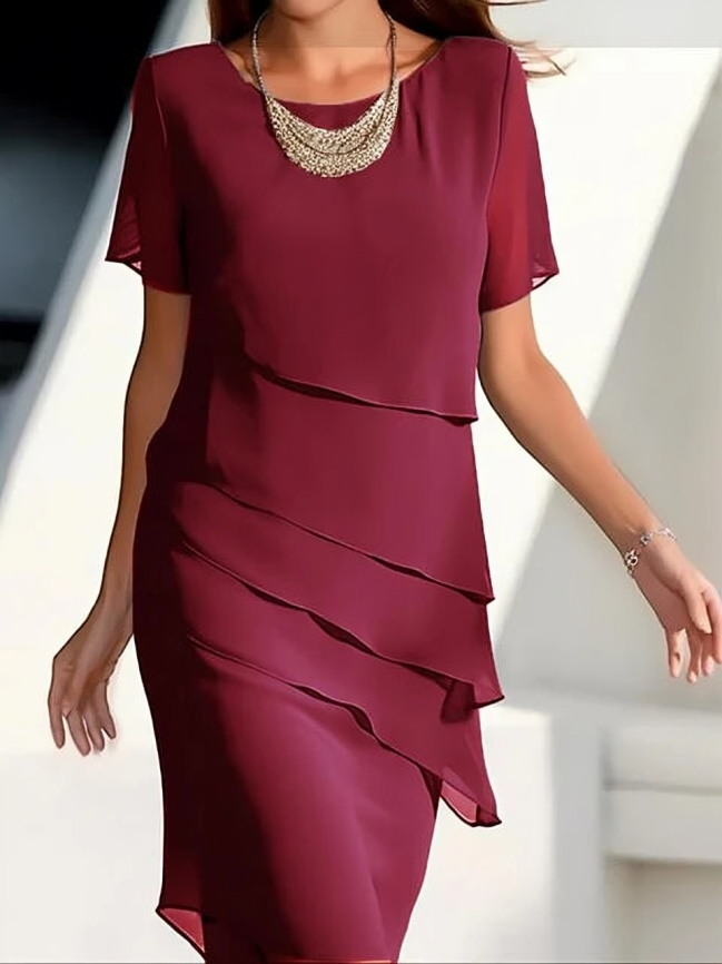 Lisslune - Elegant Dress - Short-Sleeve Midi Dress in Layered Chiffon