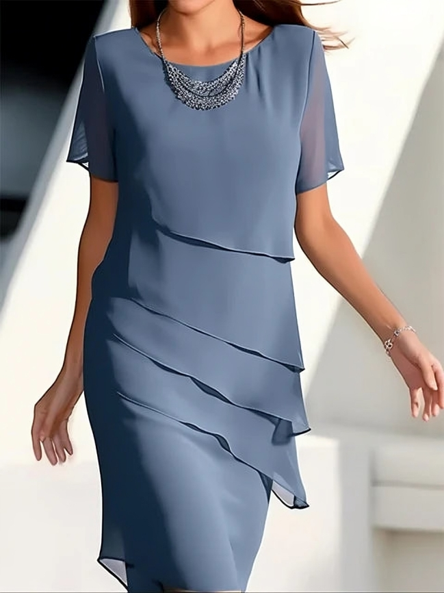 Lisslune - Elegant Dress - Short-Sleeve Midi Dress in Layered Chiffon