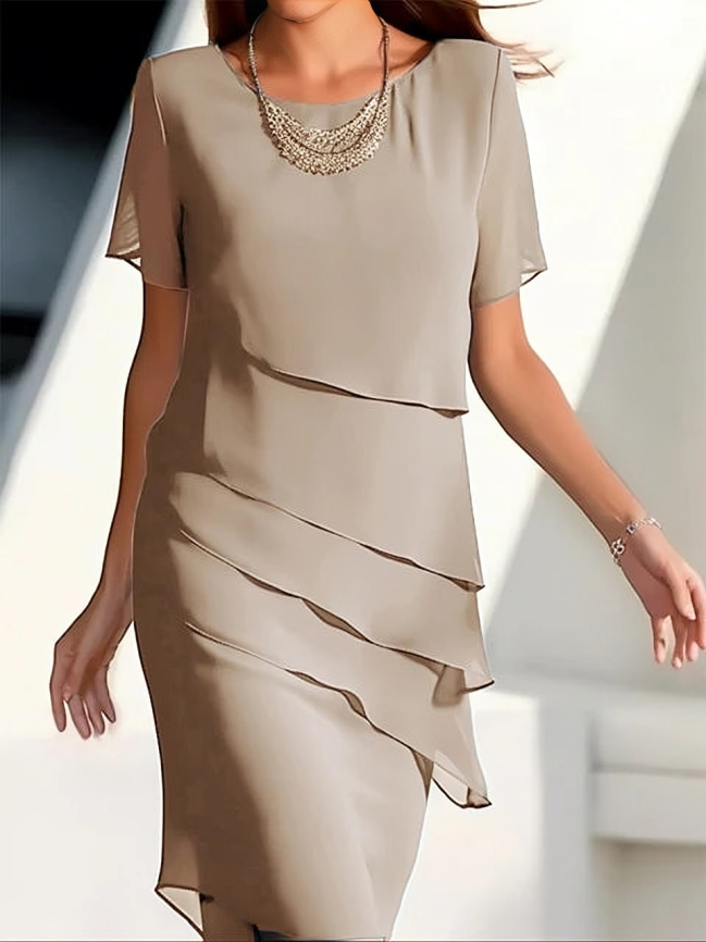 Lisslune - Elegant Dress - Short-Sleeve Midi Dress in Layered Chiffon