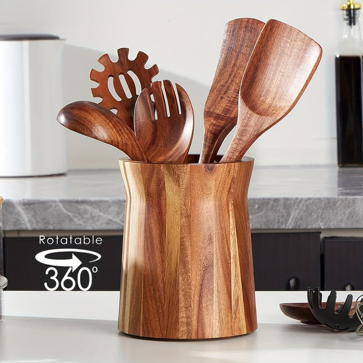 Lisslune | Elegant Acacia Wood Rotating Utensil Holder