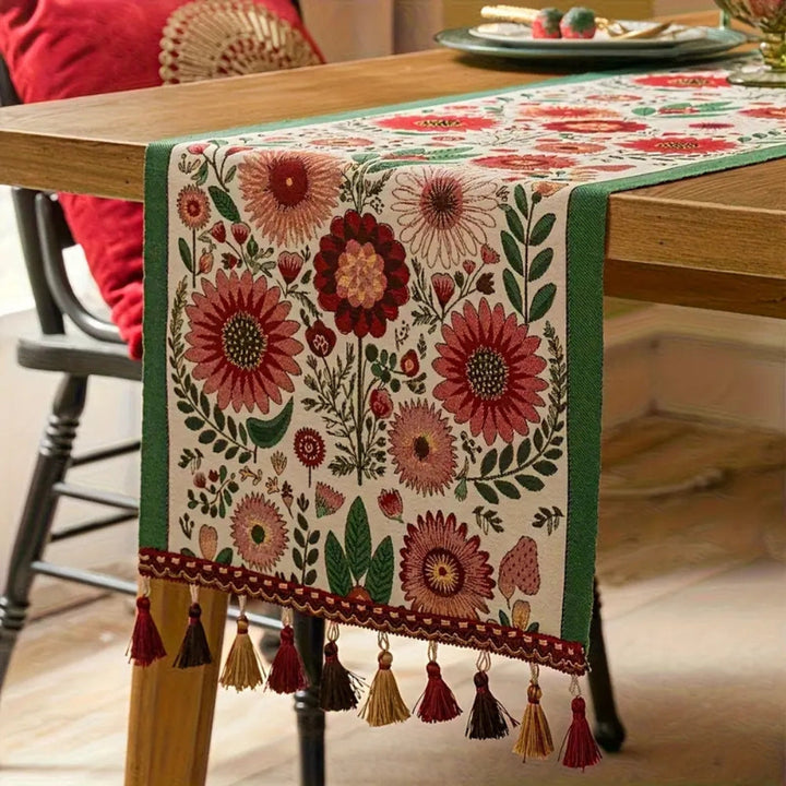 Lisslune | Embroidered Floral Tassel Table Runner