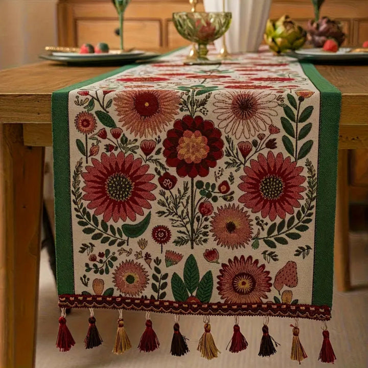 Lisslune | Embroidered Floral Tassel Table Runner