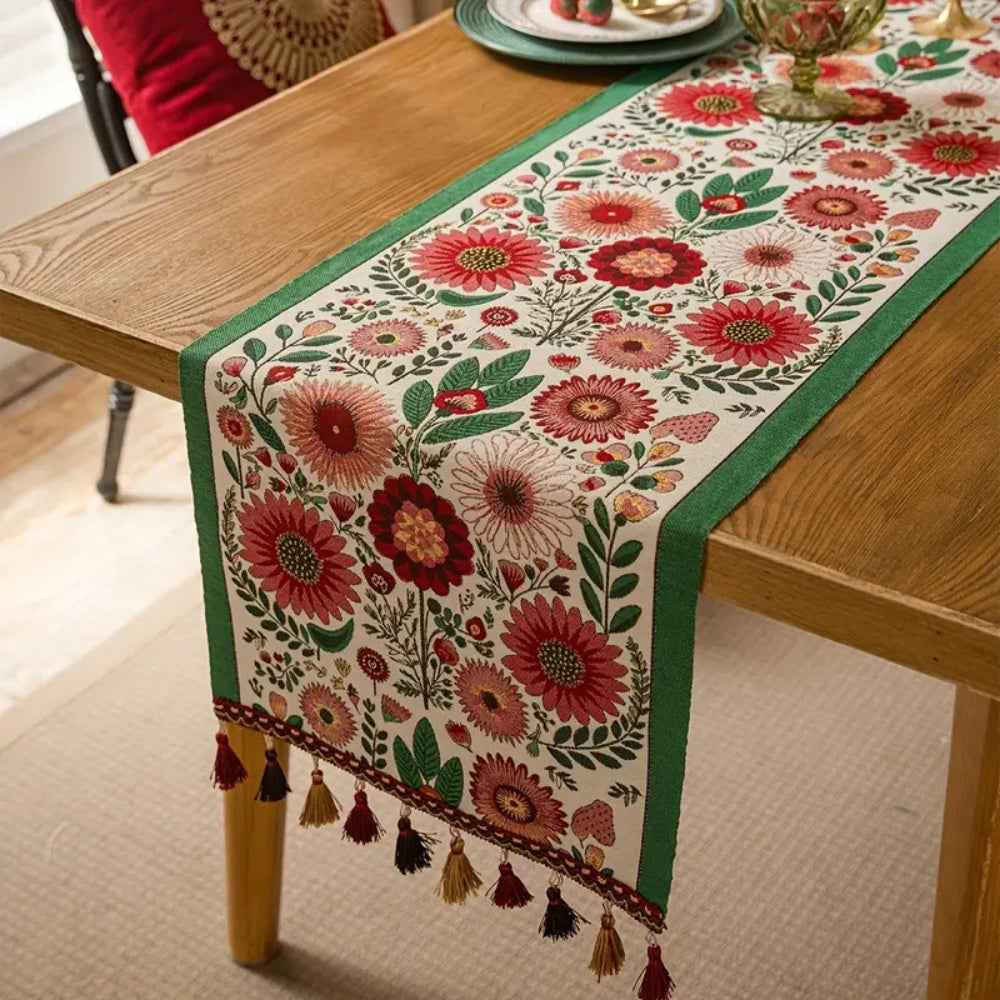 Lisslune | Embroidered Floral Tassel Table Runner