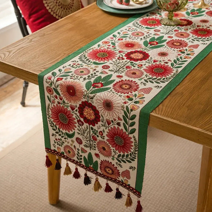Lisslune | Embroidered Floral Tassel Table Runner