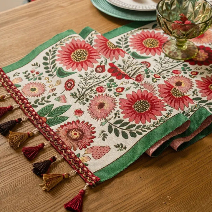 Lisslune | Embroidered Floral Tassel Table Runner