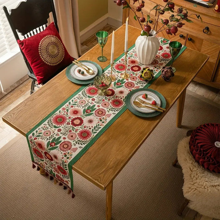 Lisslune | Embroidered Floral Tassel Table Runner