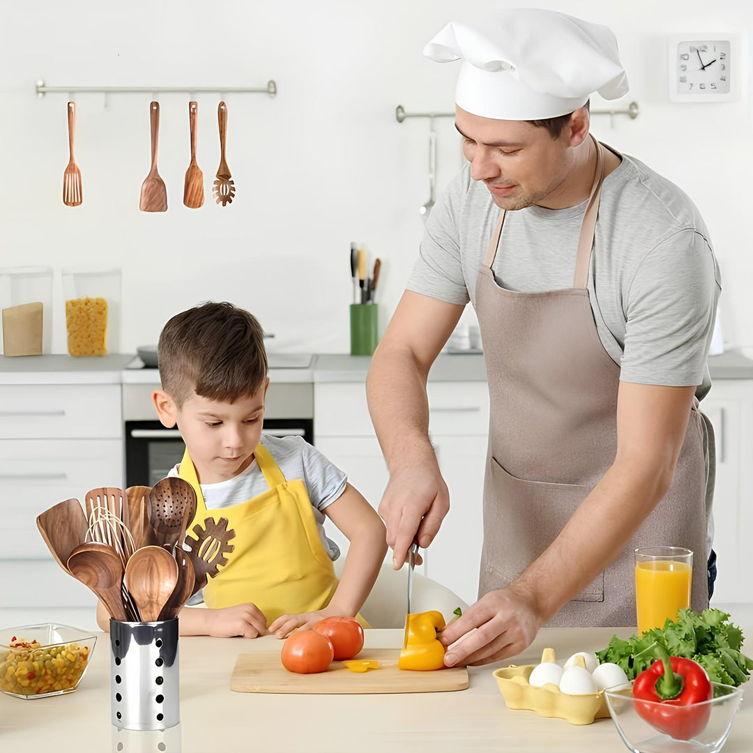 Lisslune | 11-Piece Kitchen Utensil Set Made of Teak – Including Holder – Natural Look for the Kitchen