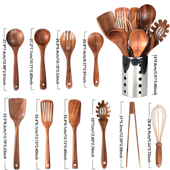 Lisslune | 11-Piece Kitchen Utensil Set Made of Teak – Including Holder – Natural Look for the Kitchen